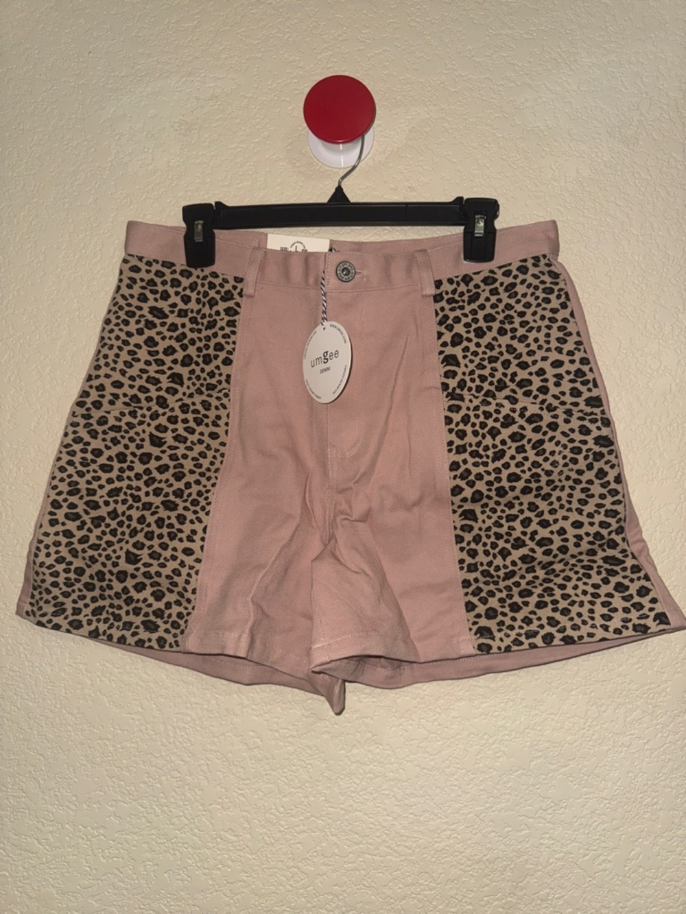 entro Pink Panel Leopard-Trim High-Waist Women's Shorts Size Large NWT
